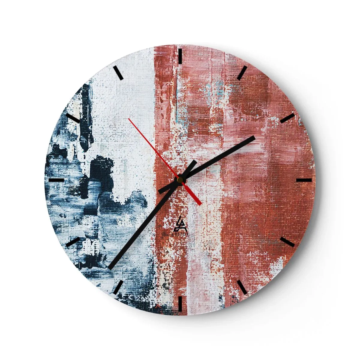 Zegar ścienny - Abstrakcyjna kompozycja w odcieniach niebieskiego i czerwonego - 30x30cm - Abstrakcyjne pół na pół - Nowoczesna dekoracja ścienna do salonu, kuchni i sypialni ARTTOR