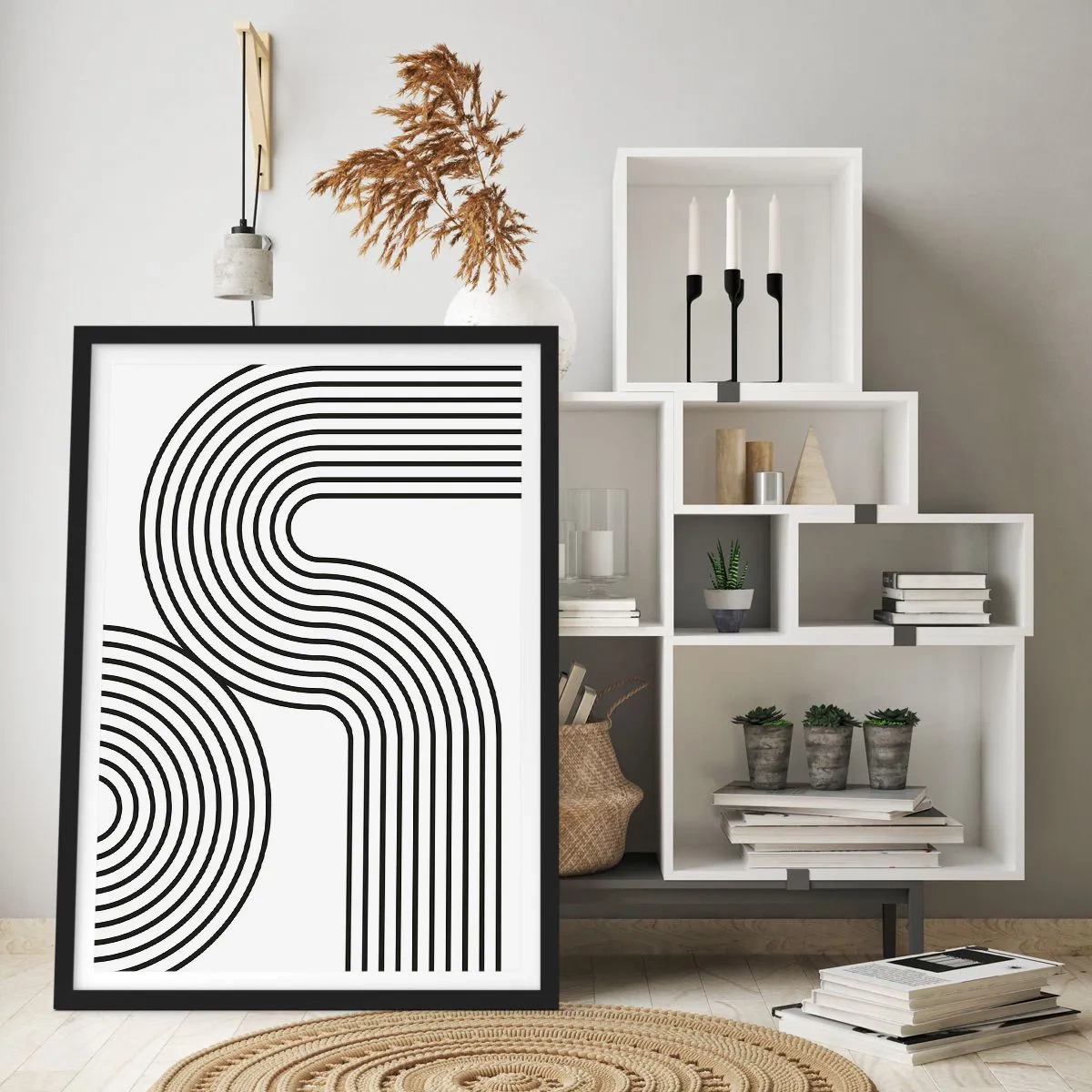 Plakat w czarnej ramie - Nowoczesna grafika z abstrakcyjnymi liniami w czerni i bieli - 50x70cm - Na zakręcie - Nowoczesna dekoracja ścienna do salonu i sypialni ARTTOR