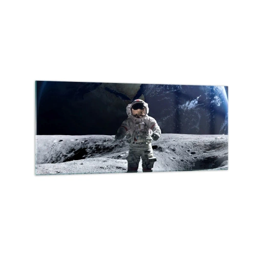 Obraz na szkle - Astronauta na powierzchni Księżyca z Ziemią w tle - 120x50cm - Pozdrowienia z Księżyca - Nowoczesna dekoracja ścienna do salonu i sypialni ARTTOR
