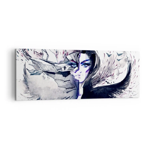 Obraz na płótnie - Abstrakcyjna twarz z kontrastowymi elementami i motywem skrzydeł - 140x50cm - Demoniczna i piękna - Nowoczesna dekoracja ścienna do salonu i sypialni ARTTOR
