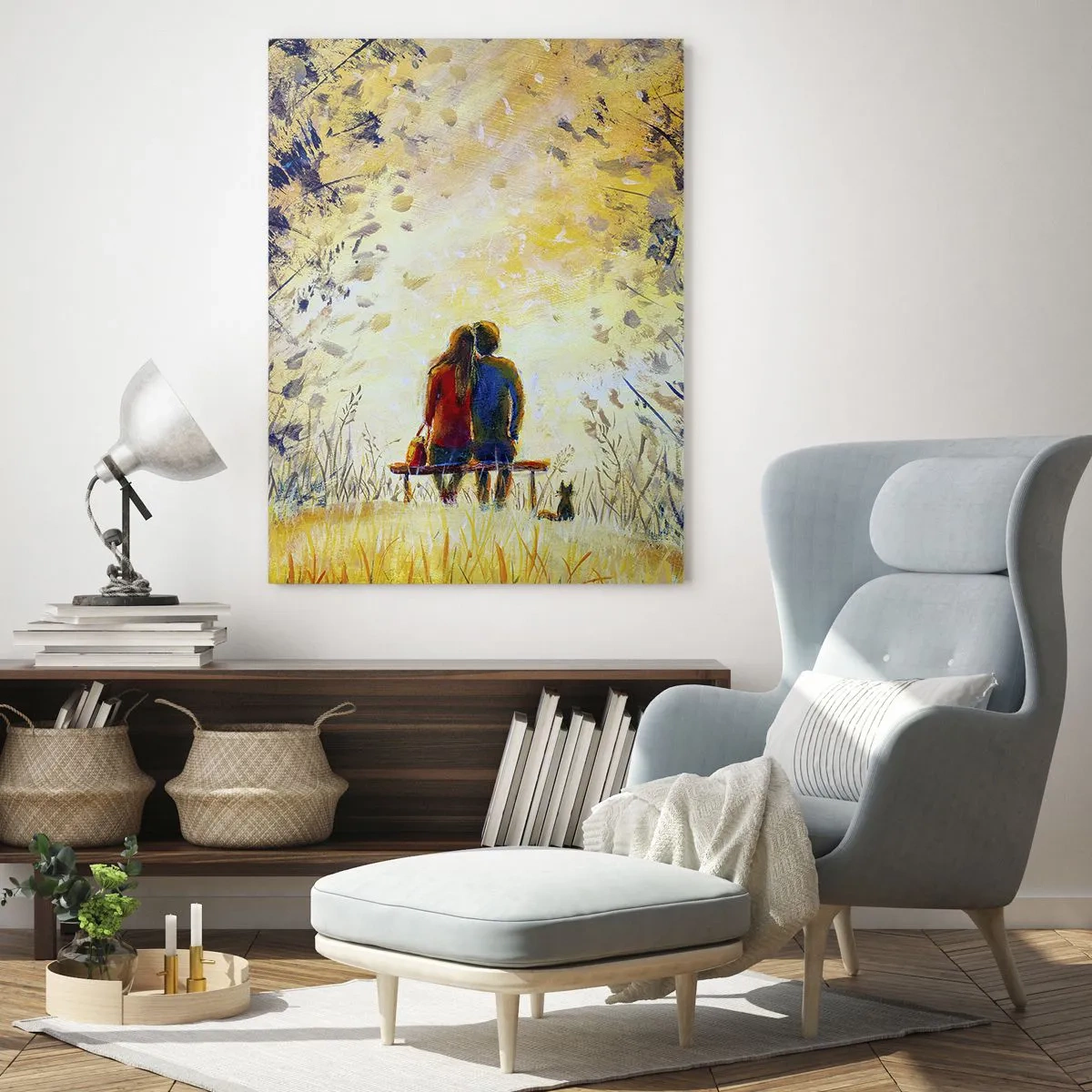 Obraz na szkle - Para na ławce w magicznej chwili - 50x70cm - Magiczna chwila - Nowoczesna dekoracja ścienna do salonu, kuchni i sypialni ARTTOR