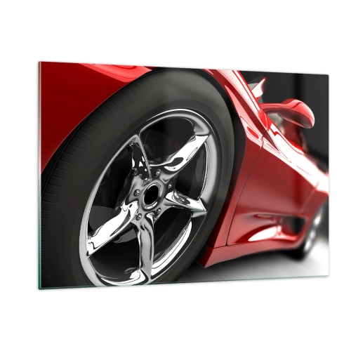 Obraz na szkle - Detal czerwonego sportowego samochodu z chromowaną felgą - 120x80cm - Stworzony do szybkości - Nowoczesna dekoracja ścienna do salonu, kuchni i sypialni ARTTOR
