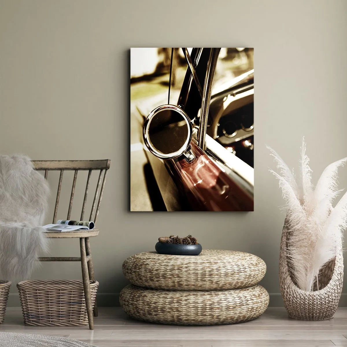Obraz na płótnie - Zbliżenie na lusterko i wnętrze klasycznego samochodu retro - 70x100cm - Auto z duszą - Nowoczesna dekoracja ścienna do salonu i sypialni ARTTOR
