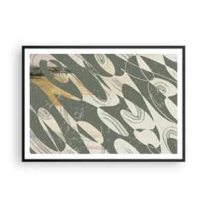 Plakat w czarnej ramie - Dynamiczne kształty w zielonych i złotych odcieniach - 100x70cm - Abstrakcja zrytmizowana - Nowoczesna dekoracja ścienna do salonu i sypialni ARTTOR