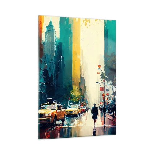 Obraz na szkle - Kolorowe taksówki i wieżowce na mokrej ulicy miasta - 50x70cm - Nowy Jork – tu nawet deszcz jest kolorowy - Nowoczesna dekoracja ścienna do salonu, kuchni i sypialni ARTTOR