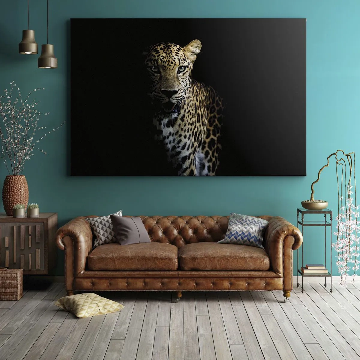 Obraz na płótnie - Leopard na ciemnym tle z intensywnym spojrzeniem - 120x80cm - Mroczne piękno - Nowoczesna dekoracja ścienna do salonu, kuchni i sypialni ARTTOR