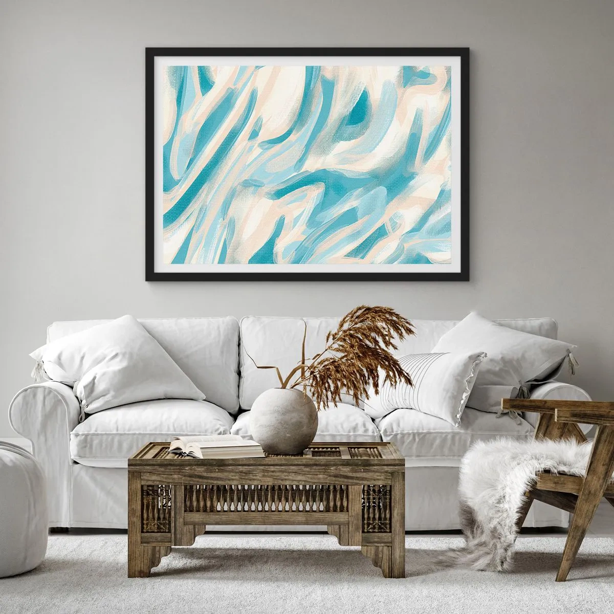 Plakat w czarnej ramie - Abstrakcyjne błękitne smugi na jasnym tle - 70x50cm - Wiosenne powiewy - Nowoczesna dekoracja ścienna do salonu i sypialni ARTTOR