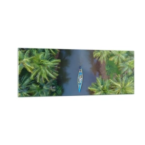 Obraz na szkle - Łódź na rzece otoczonej palmami z lotu ptaka - 140x50cm - Na tropikalnym szlaku - Nowoczesna dekoracja ścienna do salonu i sypialni ARTTOR