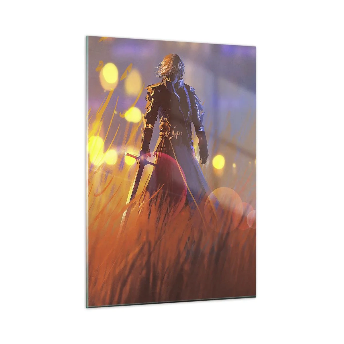 Obraz na szkle - Postać w zbroi wśród pomarańczowych traw z świetlistym tłem - 50x70cm - Błędny rycerz - Nowoczesna dekoracja ścienna do salonu, kuchni i sypialni ARTTOR