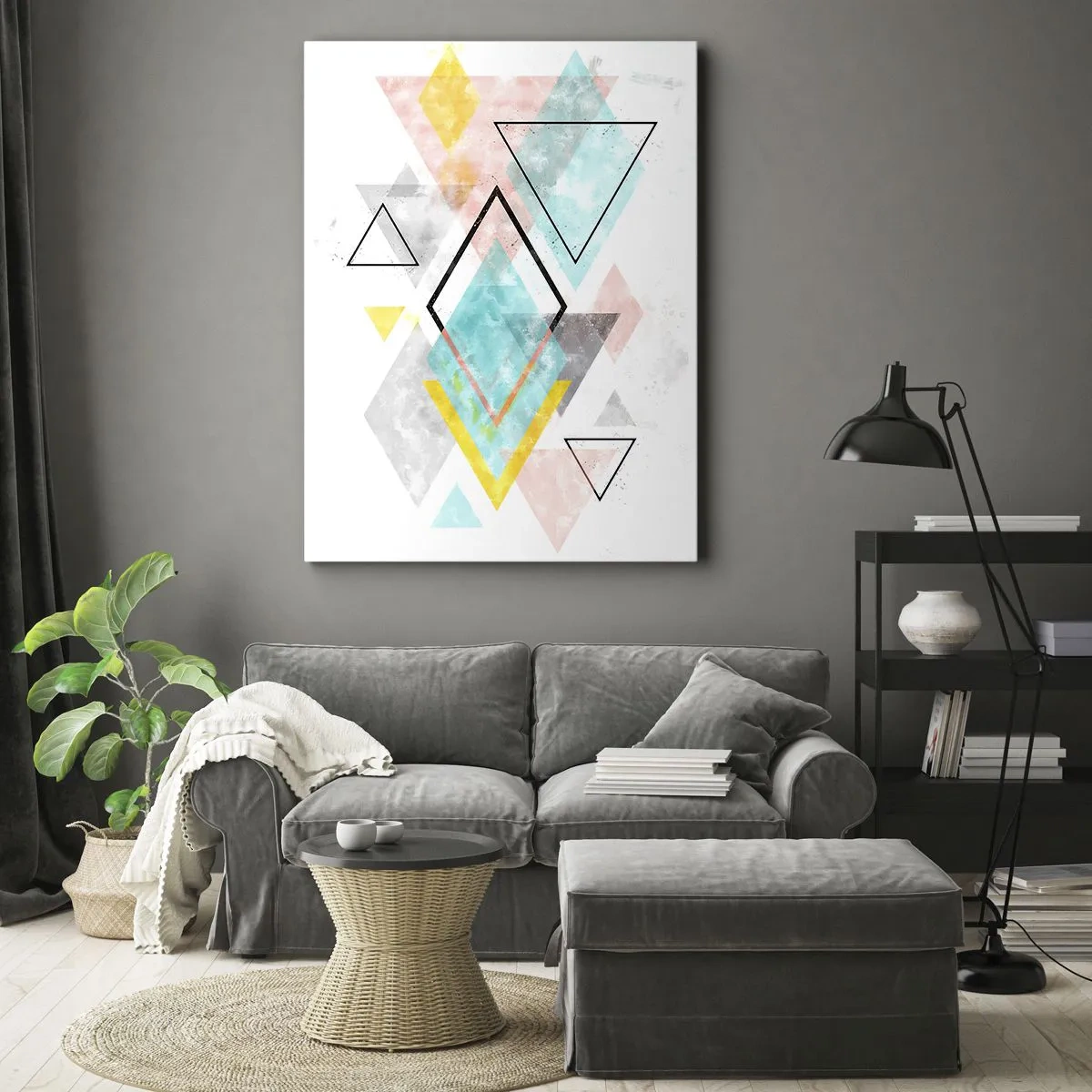 Obraz na płótnie - Abstrakcyjna kompozycja geometryczna z pastelowymi trójkątami - 50x70cm - Igraszka geometryczna - Nowoczesna dekoracja ścienna do salonu, kuchni i sypialni ARTTOR