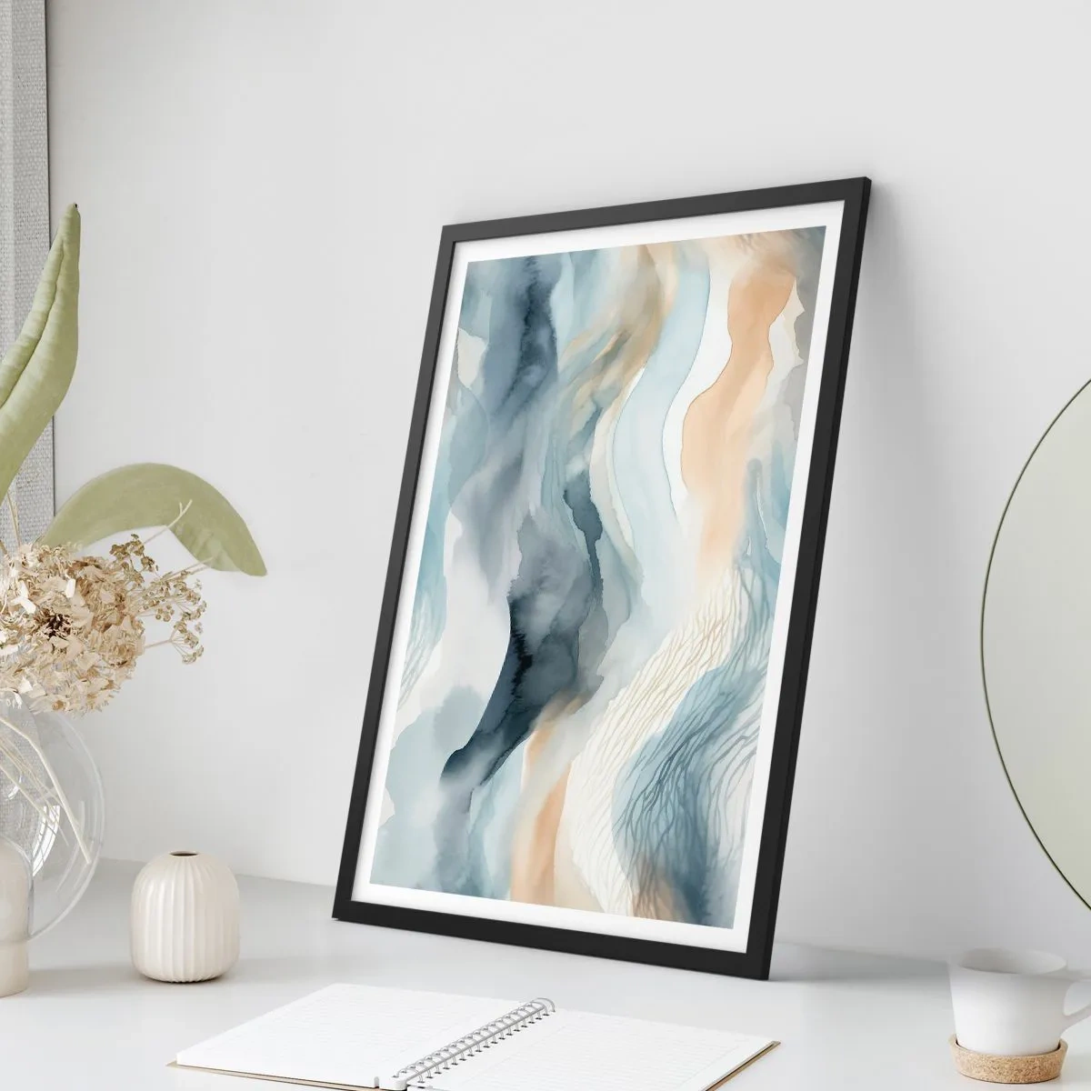 Plakat w czarnej ramie - Abstrakcyjne fale w odcieniach beżu i granatu - 50x70cm - Abstrakcja śnieżna i mglista - Nowoczesna dekoracja ścienna do salonu i sypialni ARTTOR