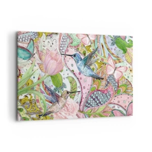 Obraz na płótnie - Kolorowe kolibry i motyle wśród roślin - 100x70cm - Wplątane w pnączach - Nowoczesna dekoracja ścienna do salonu, kuchni i sypialni ARTTOR