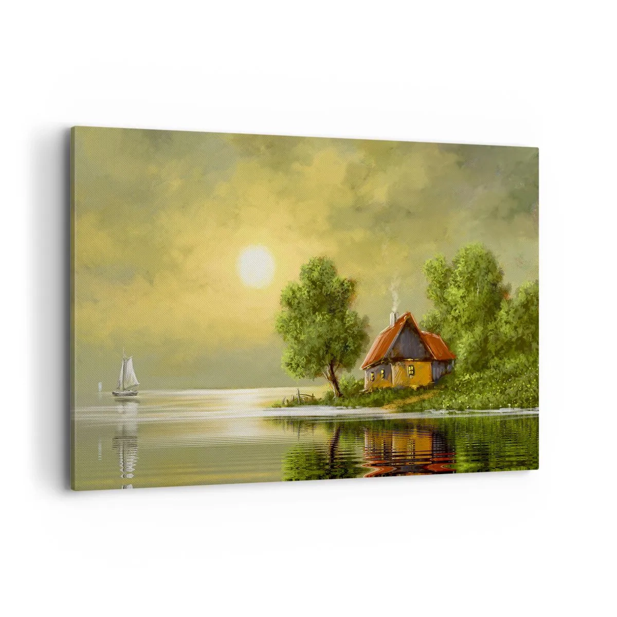 Obraz na płótnie - Dom nad jeziorem w świetle zachodzącego słońca - 120x80cm - Pięknie, jak z obrazka - Nowoczesna dekoracja ścienna do salonu, kuchni i sypialni ARTTOR
