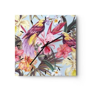 Zegar ścienny - Egzotyczne ptaki wśród tropikalnych kwiatów - 30x30cm - Płatki i piórka - Nowoczesna dekoracja ścienna do salonu i sypialni ARTTOR