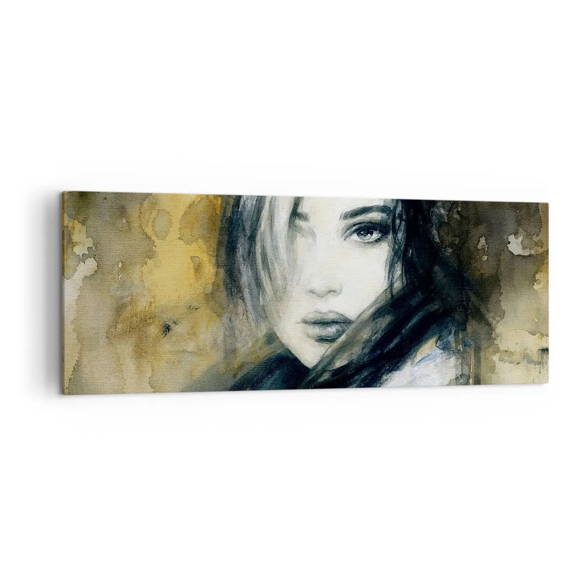 Obraz na płótnie - Portret kobiety na tle abstrakcyjnych plam w odcieniach beżu - 140x50cm - bardziej niewinna czy zmysłowa? - Nowoczesna dekoracja ścienna do salonu i sypialni ARTTOR