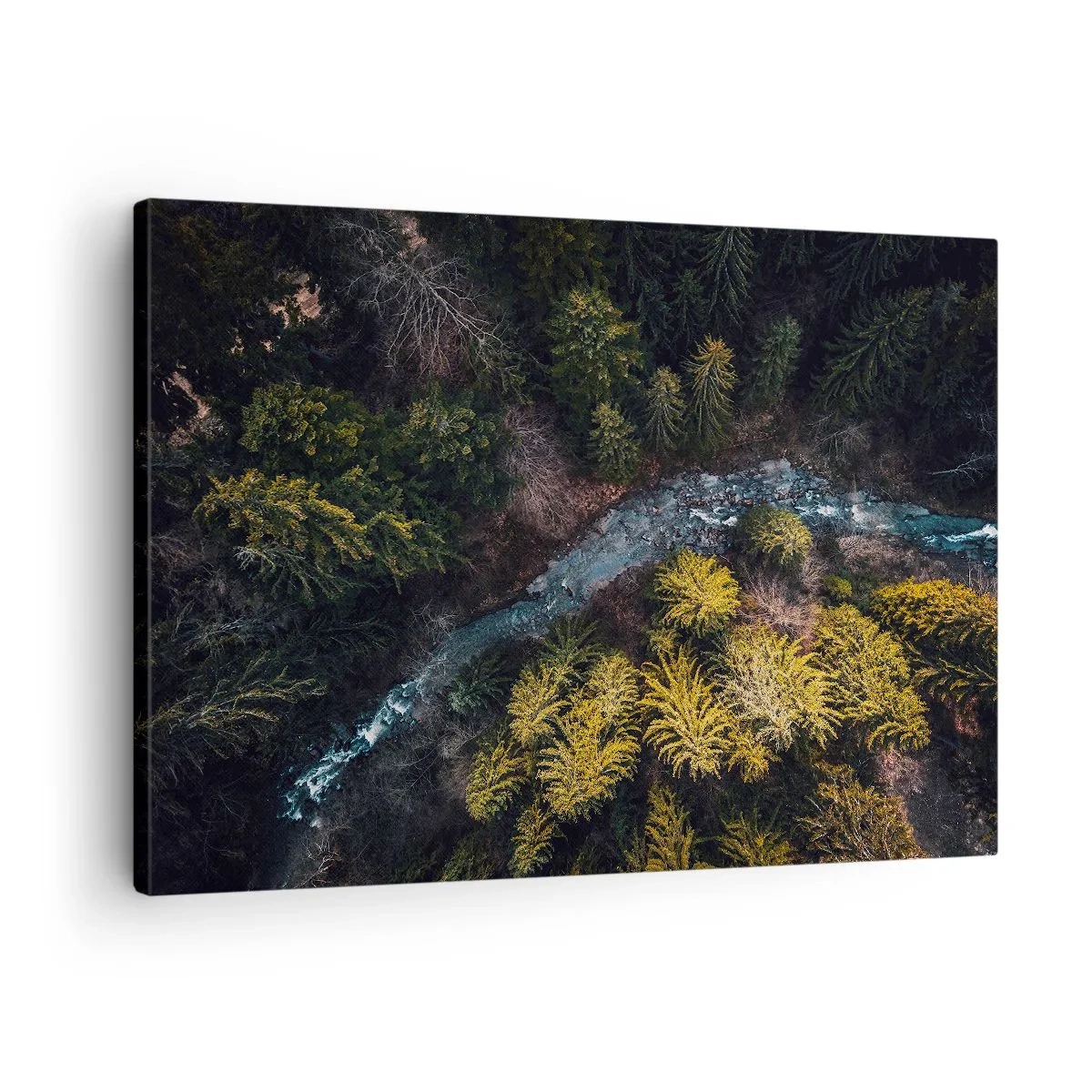 Obraz na płótnie - Widok z góry na las z wijącą się rzeką - 70x50cm - Szybko, coraz szybciej - Nowoczesna dekoracja ścienna do salonu i sypialni ARTTOR