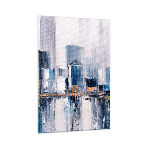 Obraz na szkle - Abstrakcyjna panorama miasta z odcieniami błękitu i żółci - 80x120cm - Nowojorska impresja - Nowoczesna dekoracja ścienna do salonu i sypialni ARTTOR