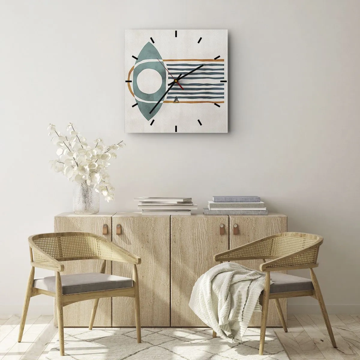 Zegar ścienny - Geometryczny wzór w odcieniach zieleni i pomarańczu - 30x30cm - Znaki i rytuały - Nowoczesna dekoracja ścienna do salonu i sypialni ARTTOR