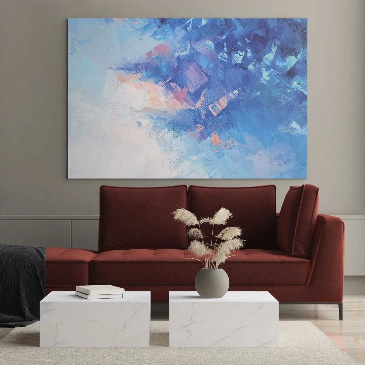 Obraz na szkle - Abstract winter landscape with cool blues and soft pink hues - 70x50cm - Zimowa abstrakcja - Nowoczesna dekoracja ścienna do salonu i sypialni ARTTOR