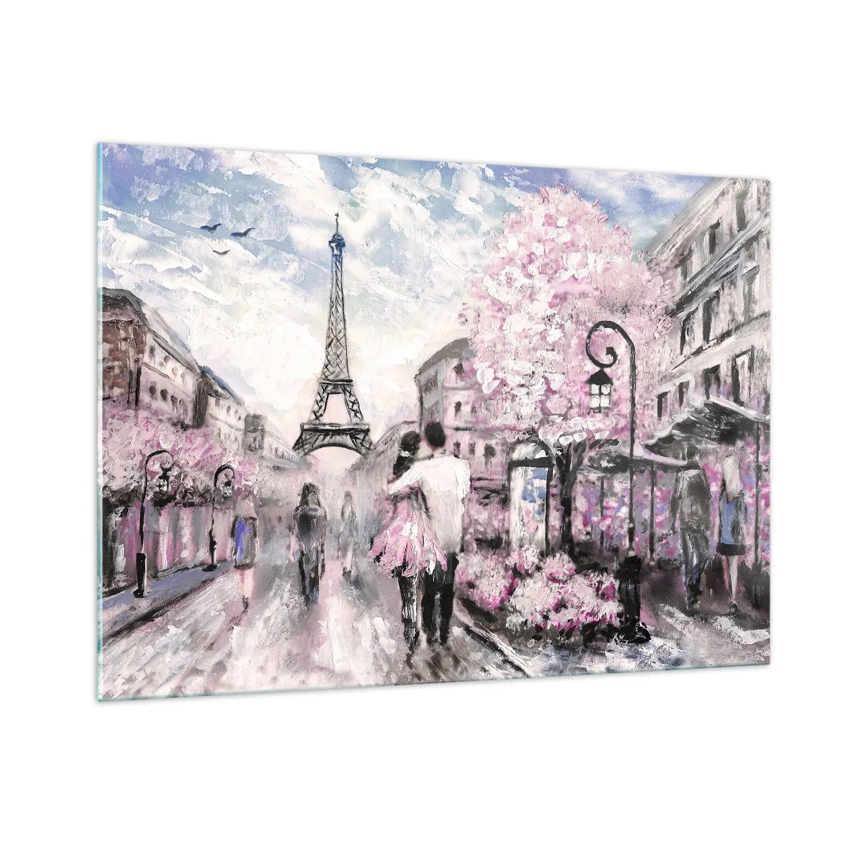 Obraz na szkle - Romantyczna para w Paryżu z Wieżą Eiffla w tle - 100x70cm - Jak zakochac się, to tylko w… - Nowoczesna dekoracja ścienna do salonu, kuchni i sypialni ARTTOR