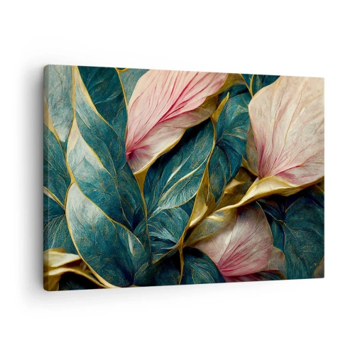 Obraz na płótnie - Eleganckie liście w zieleni, złocie i różu - 70x50cm - Naturalna elegancja i styl - Nowoczesna dekoracja ścienna do salonu i sypialni ARTTOR