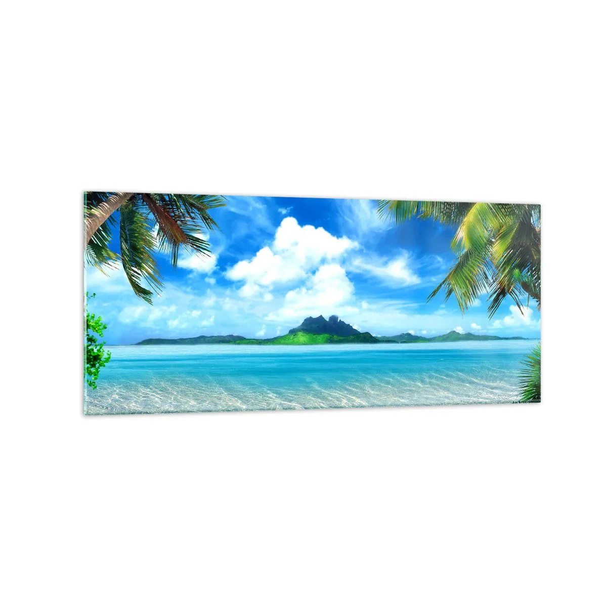 Obraz na szkle - Tropikalna plaża z palmami i widokiem na wyspę - 120x50cm - Lazur tropików - Nowoczesna dekoracja ścienna do salonu i sypialni ARTTOR