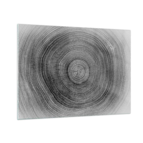 Obraz na szkle - Koncentryczne linie słojów drzewa ukazane w czarno-białej estetyce - 70x50cm - Znak czasu - Nowoczesna dekoracja ścienna do salonu i sypialni ARTTOR