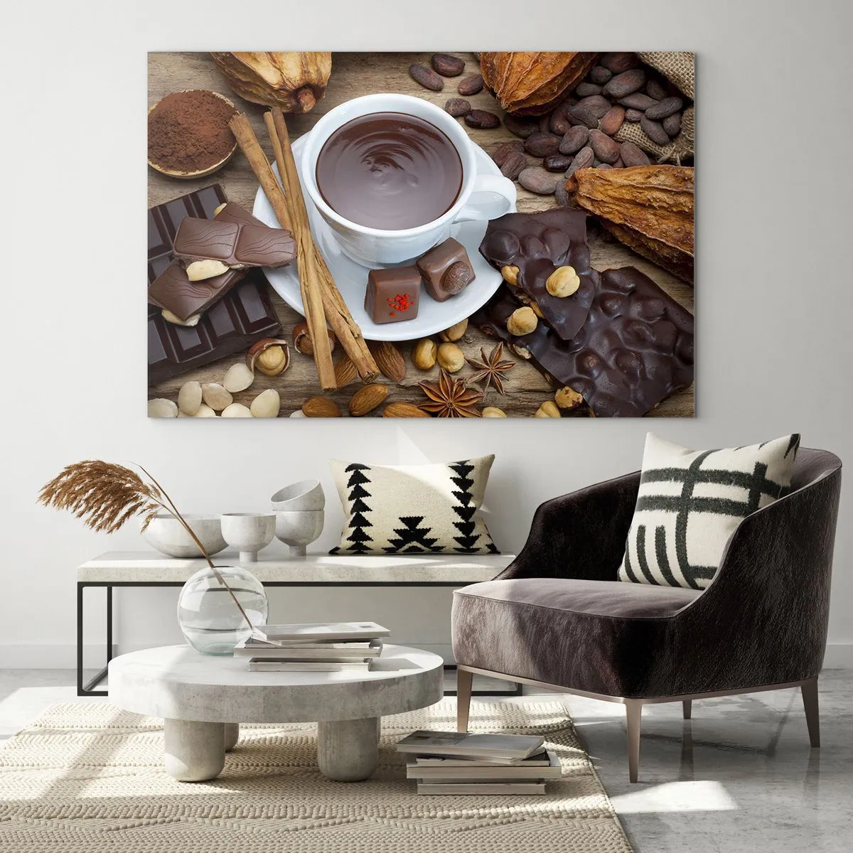 Obraz na szkle - Filiżanka gorącej czekolady z dodatkami na rustykalnym tle - 70x50cm - Z baśniowej fabryki czekolady - Nowoczesna dekoracja ścienna do salonu i sypialni ARTTOR