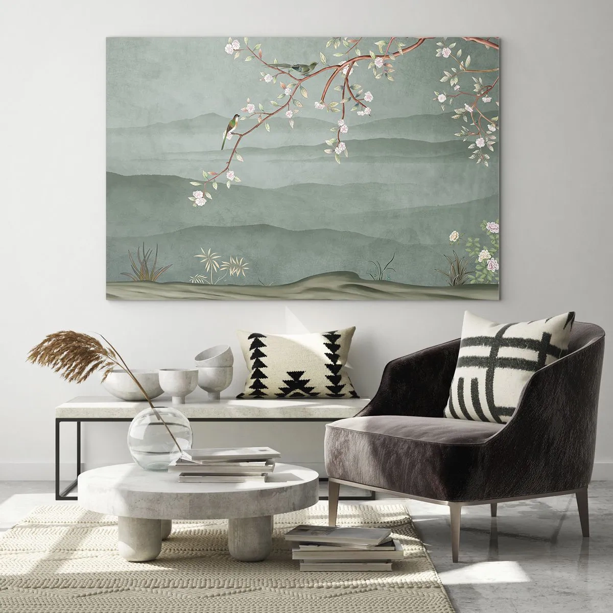 Obraz na szkle - Gałązka z kwiatami i ptakami na tle zielonych wzgórz - 70x50cm - Wiosna, ach, to ty - Nowoczesna dekoracja ścienna do salonu i sypialni ARTTOR