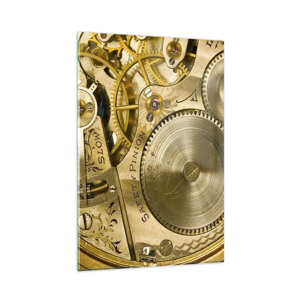 Obraz na szkle - Mechanizm zegarka z widocznymi zębatkami i detalami - 80x120cm - Idź z duchem czasu - Nowoczesna dekoracja ścienna do salonu i sypialni ARTTOR