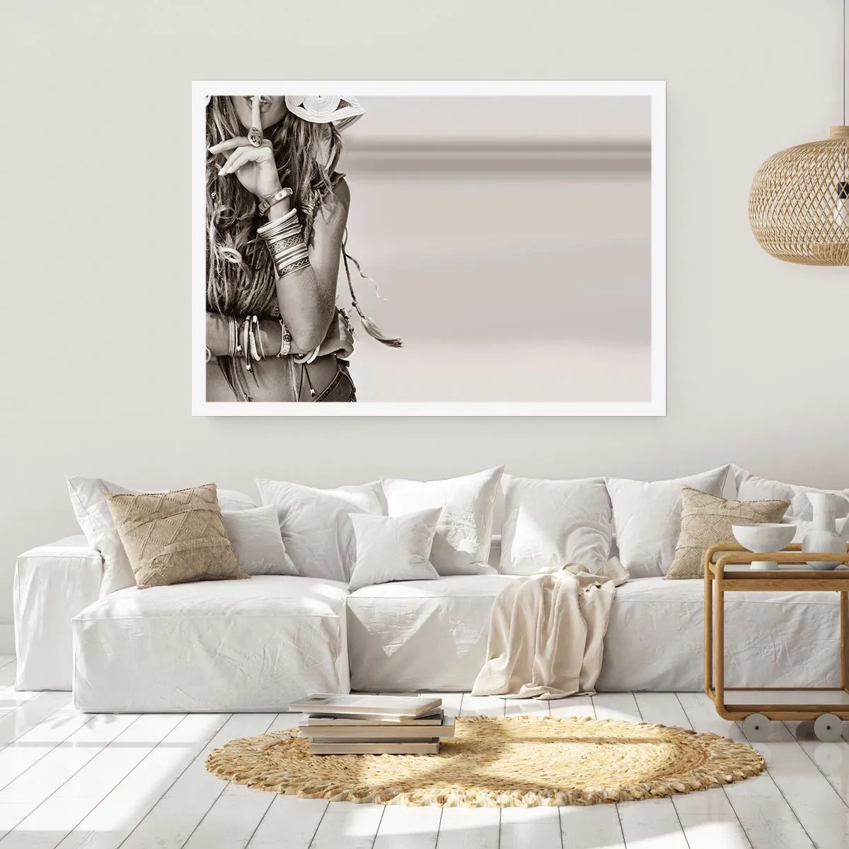 Plakat - Portret kobiety w stylu boho z biżuterią - 100x70cm - Jak to dziewczyna - Nowoczesna dekoracja ścienna do salonu i sypialni ARTTOR