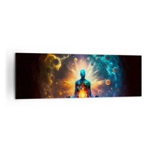Obraz na płótnie - Postać w medytacji otoczona kosmiczną aurą - 160x50cm - Kosmiczny spokój - Nowoczesna dekoracja ścienna do salonu i sypialni ARTTOR