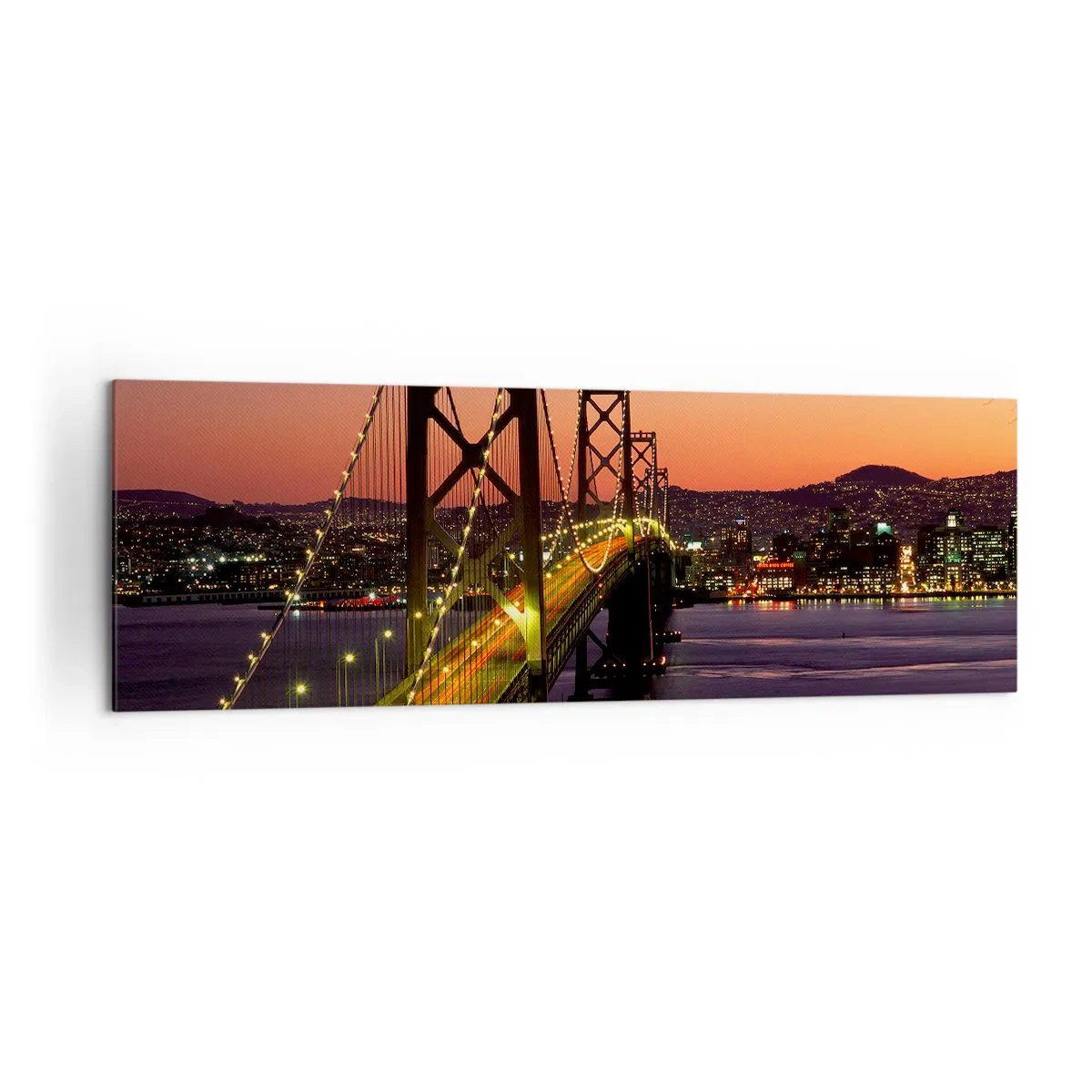 Obraz na płótnie - Most podświetlony nocą nad wodą z panoramą miasta - 160x50cm - Wieczór we fiolecie - Nowoczesna dekoracja ścienna do salonu i sypialni ARTTOR