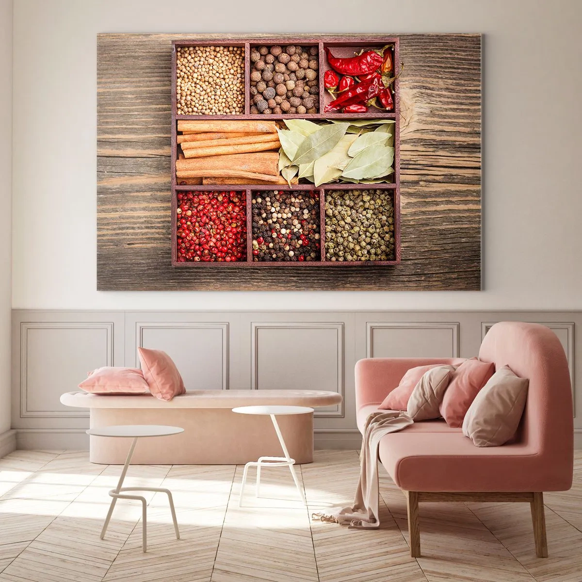 Obraz na szkle - Kolorowe przyprawy w drewnianych przegródkach - 70x50cm - Porządek kształtów, bukiet aromatów - Nowoczesna dekoracja ścienna do salonu i sypialni ARTTOR