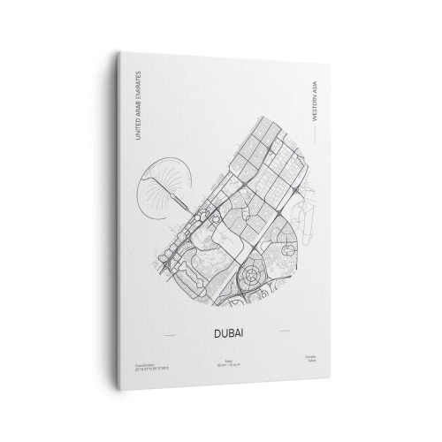 Obraz na płótnie - Minimalistyczna mapa Dubaju w czarno-białej stylistyce - 50x70cm - Anatomia Dubaju - Nowoczesna dekoracja ścienna do salonu, kuchni i sypialni ARTTOR