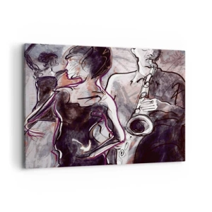Obraz na płótnie - Abstrakcyjna scena jazzowa z saksofonistą i tańczącą kobietą - 120x80cm - Rozpłynąć się w muzyce - Nowoczesna dekoracja ścienna do salonu, kuchni i sypialni ARTTOR