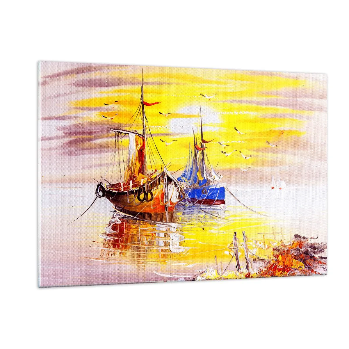 Obraz na szkle - Łodzie rybackie o zachodzie słońca na spokojnej wodzie - 120x80cm - Zasłużony odpoczynek w porcie - Nowoczesna dekoracja ścienna do salonu, kuchni i sypialni ARTTOR