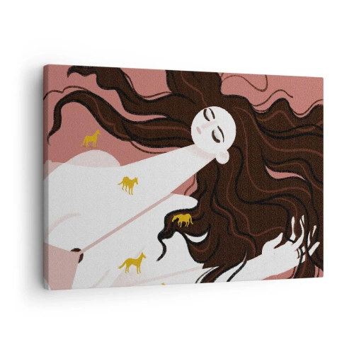 Obraz na płótnie - Postać z zamkniętymi oczami otoczona złotymi końmi - 70x50cm - Sen o złotym koniu - Nowoczesna dekoracja ścienna do salonu i sypialni ARTTOR