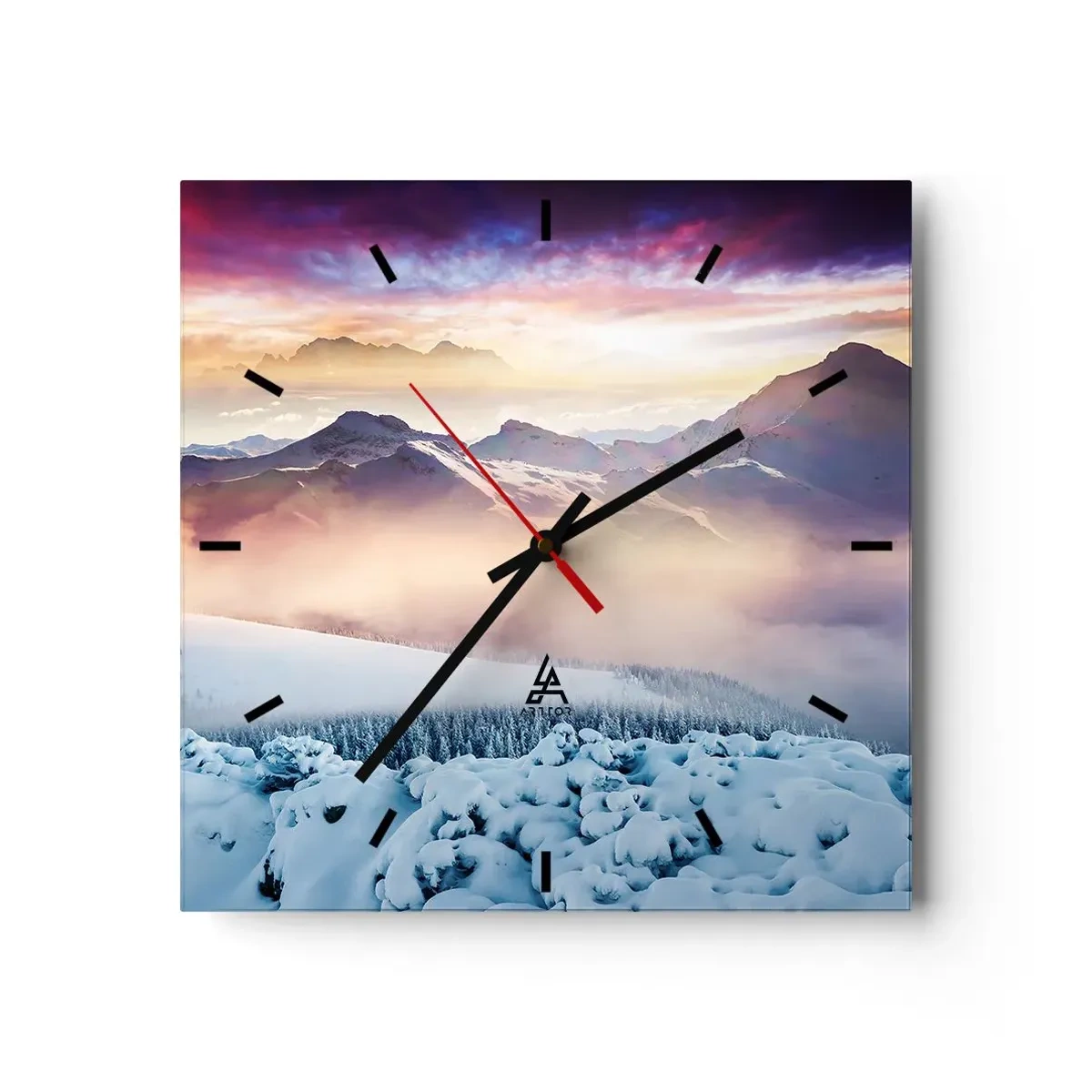 Zegar ścienny - Zaśnieżone góry o świcie z kolorowym niebem - 30x30cm - Siła i czystość natury - Nowoczesna dekoracja ścienna do salonu i sypialni ARTTOR