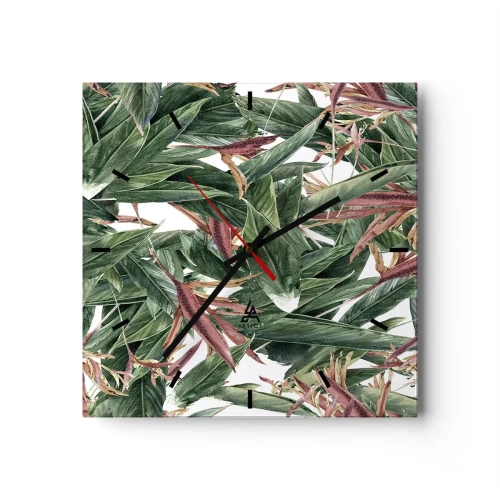 Zegar ścienny - Dekoracyjny motyw liści w odcieniach zieleni i bordo na jasnym tle - 30x30cm - Szmaragdowo-liliowy gąszcz - Nowoczesna dekoracja ścienna do salonu i sypialni ARTTOR