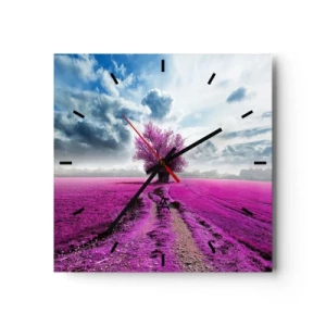 Zegar ścienny - Samotne drzewo na polu w odcieniu intensywnego różu - 30x30cm - Wrzosowisko - uroczysko - Nowoczesna dekoracja ścienna do salonu i sypialni ARTTOR