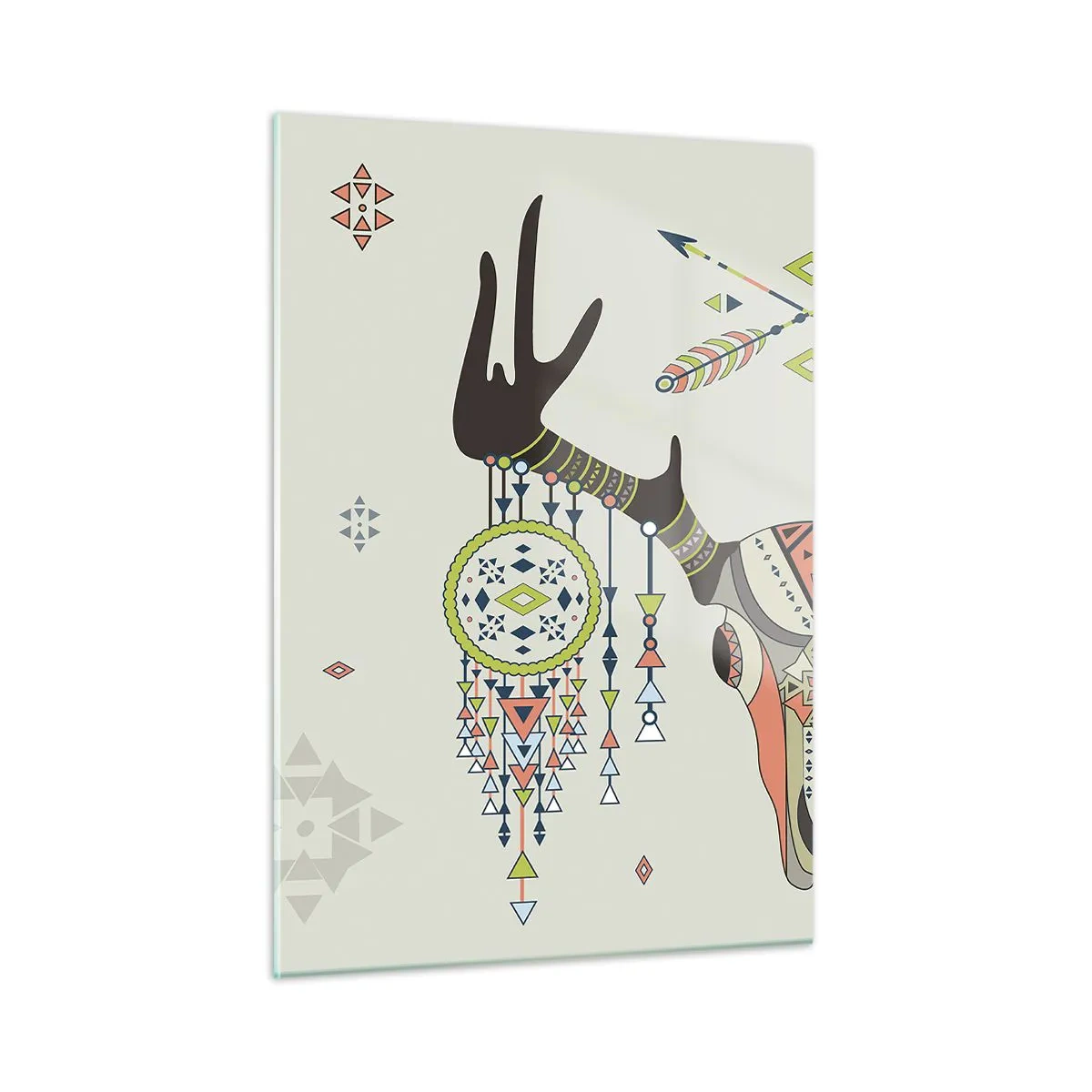 Obraz na szkle - Symboliczne rogi i wzory indiańskie na jasnym tle - 50x70cm - Trofeum indiańskiego łowcy - Nowoczesna dekoracja ścienna do salonu, kuchni i sypialni ARTTOR