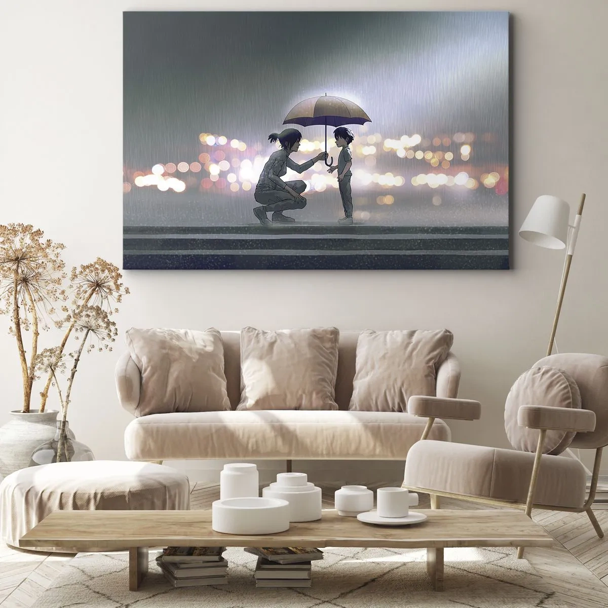 Obraz na płótnie - Postać z parasolem chroniąca dziecko na tle nocnych świateł - 70x50cm - I już jest wszystko dobrze - Nowoczesna dekoracja ścienna do salonu i sypialni ARTTOR