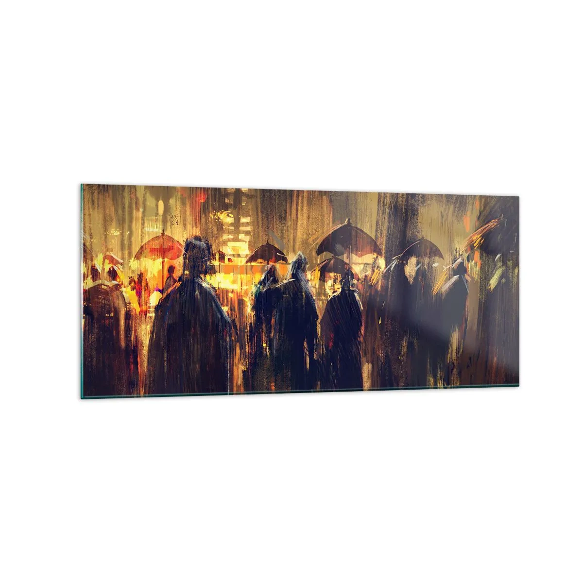 Obraz na szkle - Postacie z parasolami w deszczowym mieście nocą - 120x50cm - Wyznawcy deszczu - Nowoczesna dekoracja ścienna do salonu i sypialni ARTTOR