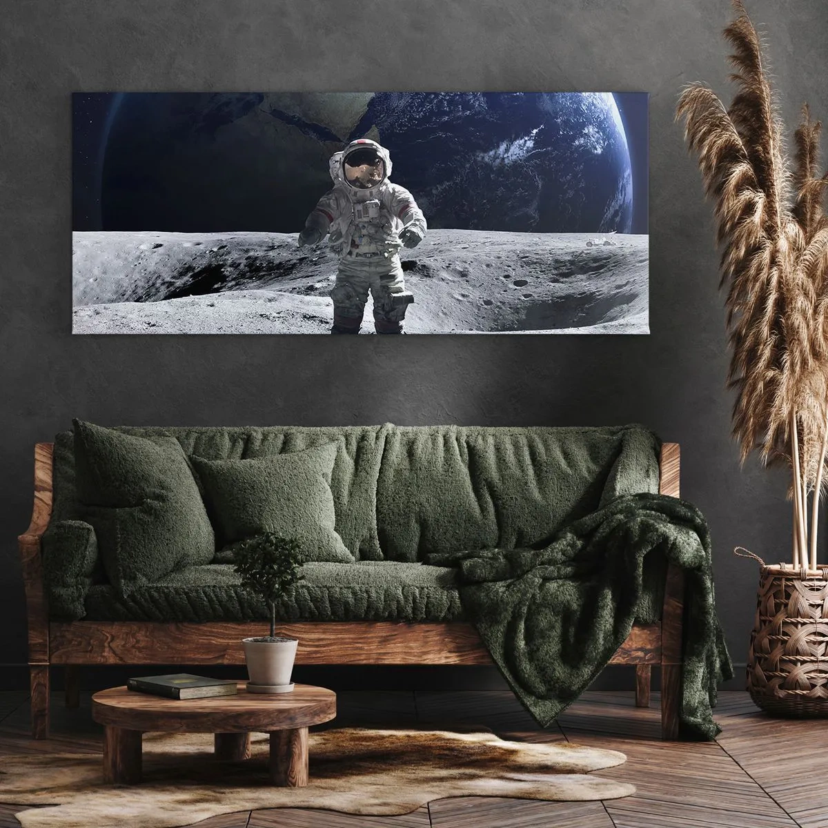 Obraz na płótnie - Astronauta na powierzchni Księżyca z Ziemią w tle - 120x50cm - Pozdrowienia z Księżyca - Nowoczesna dekoracja ścienna do salonu i sypialni ARTTOR