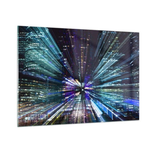 Obraz na szkle - Dynamiczne linie świetlne na tle nocnego miasta - 100x70cm - Przejście w nadprzestrzeń - Nowoczesna dekoracja ścienna do salonu, kuchni i sypialni ARTTOR