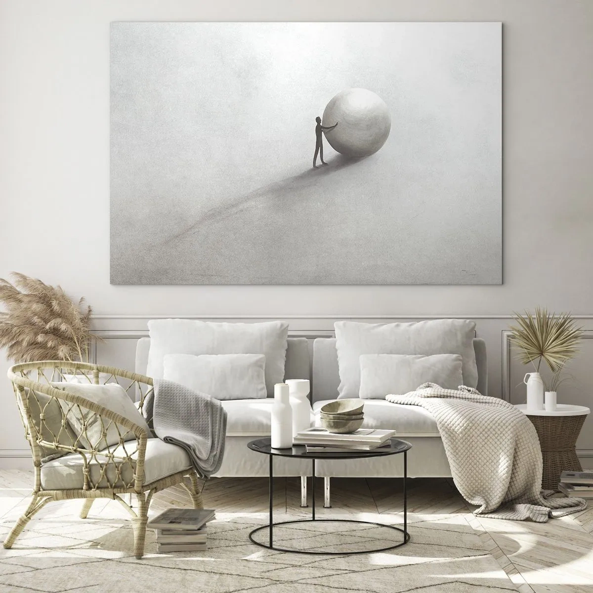 Obraz na szkle - Minimalistyczna sylwetka człowieka z dużą kulą na jasnym tle - 120x80cm - Gra życia - Nowoczesna dekoracja ścienna do salonu, kuchni i sypialni ARTTOR