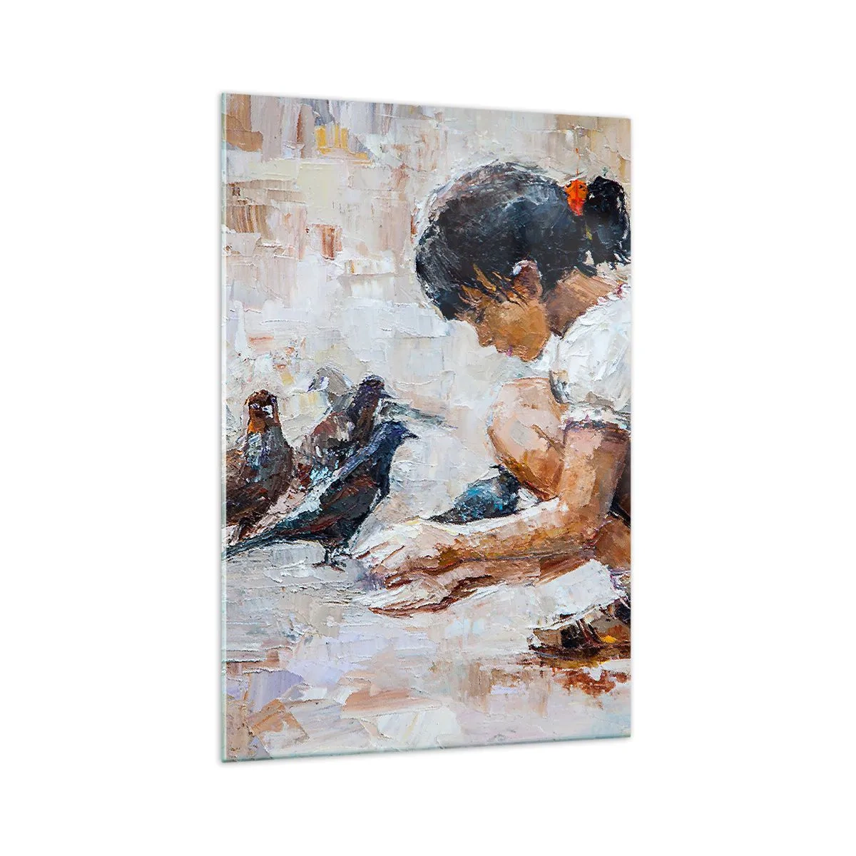 Obraz na szkle - Dziewczynka karmiąca ptaki w malarskim stylu - 70x100cm - Maluczcy i najmilsi - Nowoczesna dekoracja ścienna do salonu i sypialni ARTTOR