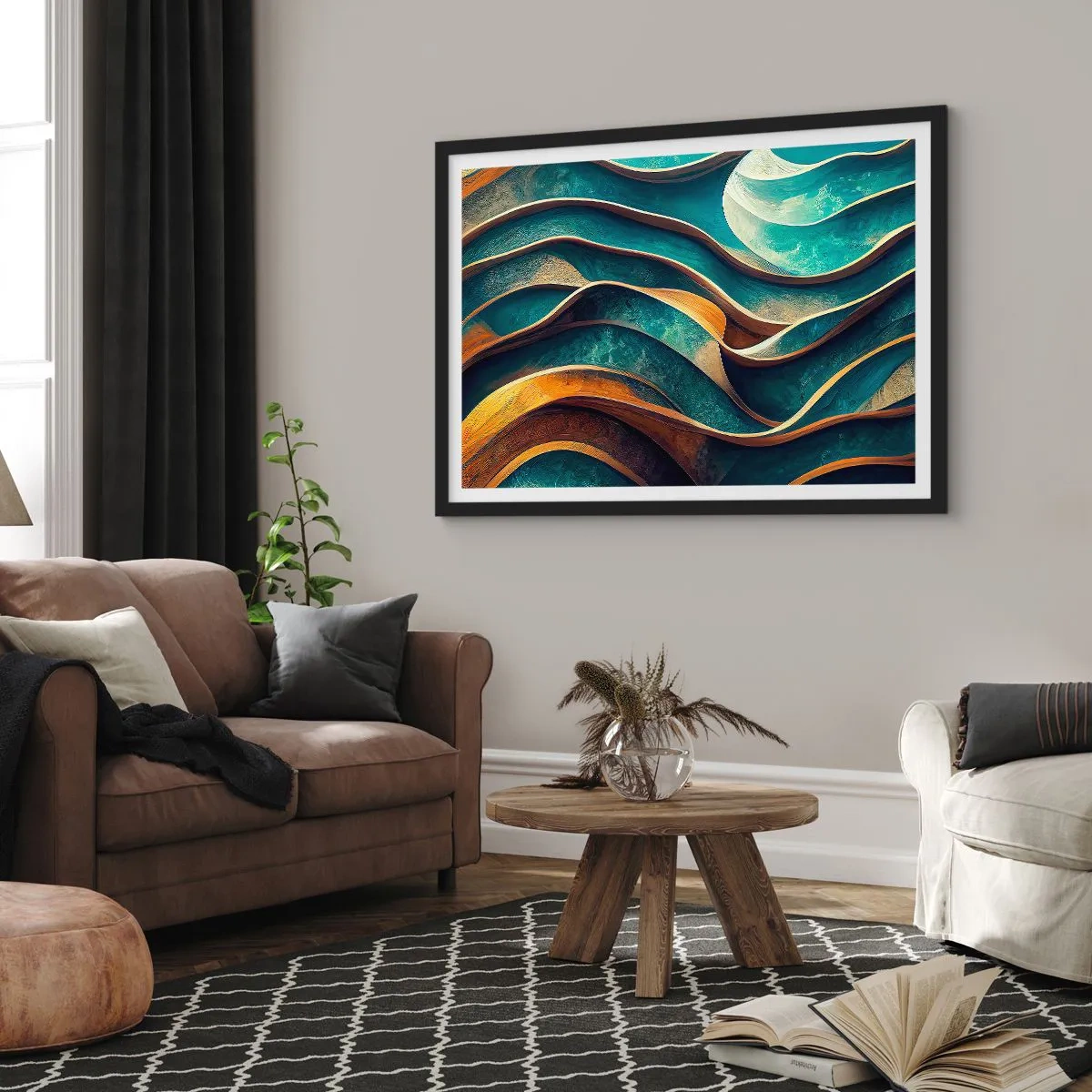 Plakat w czarnej ramie - Abstrakcyjne fale w odcieniach turkusu i złota - 70x50cm - Meandry błękitu - Nowoczesna dekoracja ścienna do salonu i sypialni ARTTOR