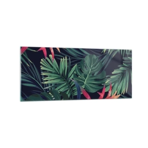 Obraz na szkle - Tropikalne liście i kwiaty na ciemnym tle - 120x50cm - Zapłonąć w zieleni - Nowoczesna dekoracja ścienna do salonu i sypialni ARTTOR